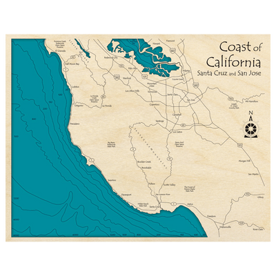 Bathymetric topo map of Coast of California, CA with roads, towns and depths noted in blue water.