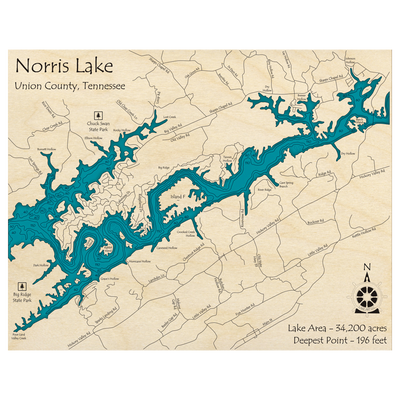 Bathymetric topo map of Norris Lake, TN with roads, towns and depths noted in blue water.