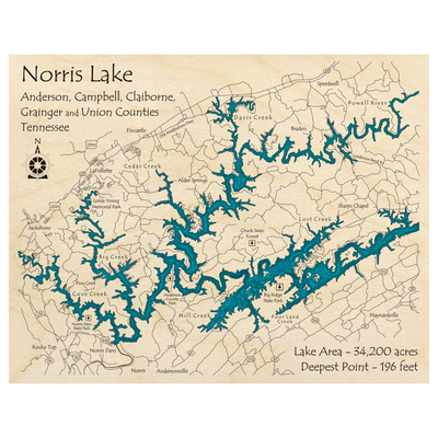 Bathymetric topo map of Norris Lake, TN with roads, towns and depths noted in blue water.