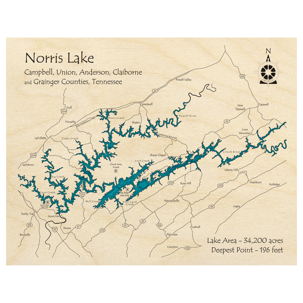 Bathymetric topo map of Norris Lake, TN with roads, towns and depths noted in blue water.