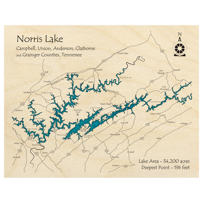 Bathymetric topo map of Norris Lake, TN with roads, towns and depths noted in blue water.