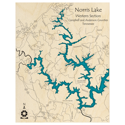 Bathymetric topo map of Norris Lake, TN with roads, towns and depths noted in blue water.