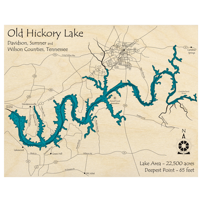 Bathymetric topo map of Old Hickory Lake, TN with roads, towns and depths noted in blue water.