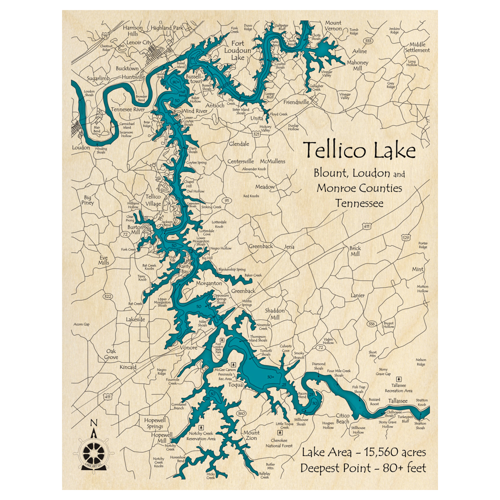 Bathymetric topo map of Tellico Lake, TN with roads, towns and depths noted in blue water.