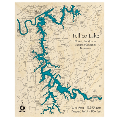 Bathymetric topo map of Tellico Lake, TN with roads, towns and depths noted in blue water.