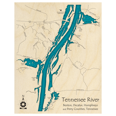 Bathymetric topo map of Tennessee River Near I40, TN with roads, towns and depths noted in blue water.