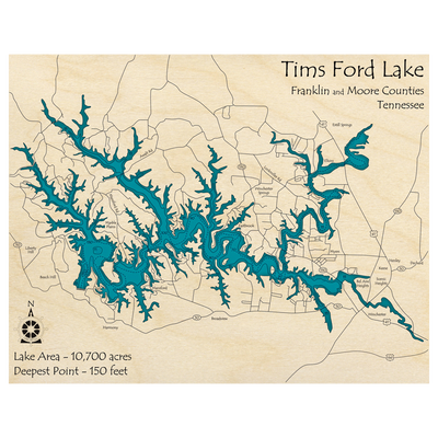 Bathymetric topo map of Tims Ford Lake, TN with roads, towns and depths noted in blue water.