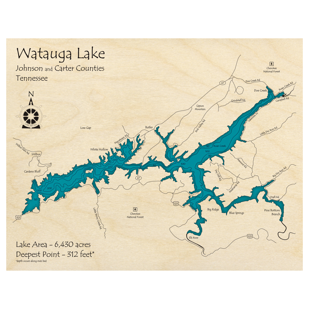 Bathymetric topo map of Watauga Lake, TN with roads, towns and depths noted in blue water.