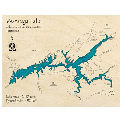 Bathymetric topo map of Watauga Lake, TN with roads, towns and depths noted in blue water.