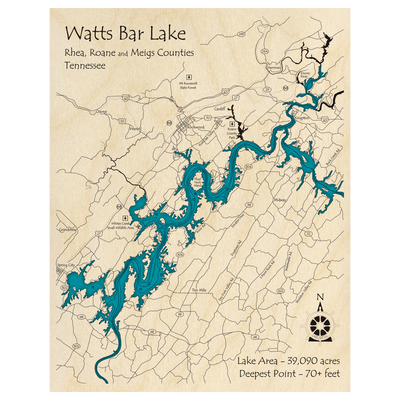 Bathymetric topo map of Watts Bar Lake, TN with roads, towns and depths noted in blue water.