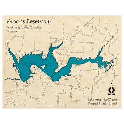 Bathymetric topo map of Woods Reservoir, TN with roads, towns and depths noted in blue water.