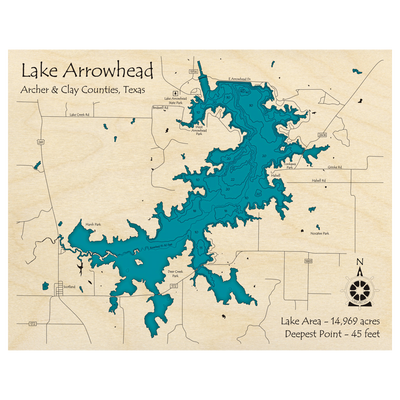 Bathymetric topo map of Lake Arrowhead, TX with roads, towns and depths noted in blue water.