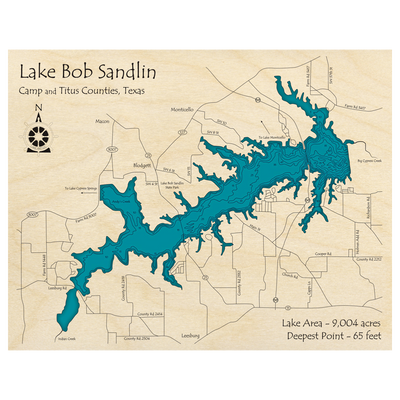 Bathymetric topo map of Lake Bob Sandlin, TX with roads, towns and depths noted in blue water.