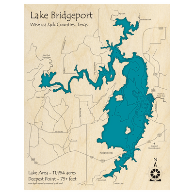 Bathymetric topo map of Lake Bridgeport, TX with roads, towns and depths noted in blue water.
