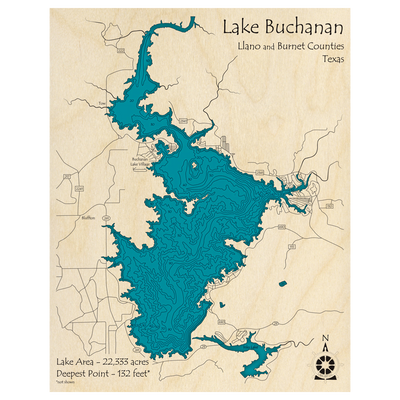 Bathymetric topo map of Lake Buchanan, TX with roads, towns and depths noted in blue water.