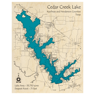 Bathymetric topo map of Cedar Creek Lake, TX with roads, towns and depths noted in blue water.