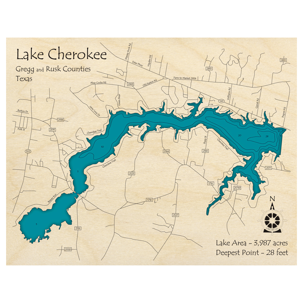 Bathymetric topo map of Lake Cherokee, TX with roads, towns and depths noted in blue water.