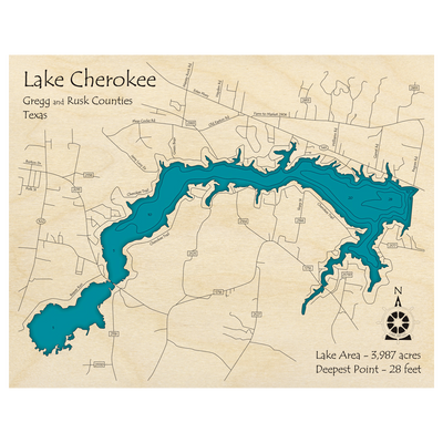 Bathymetric topo map of Lake Cherokee, TX with roads, towns and depths noted in blue water.