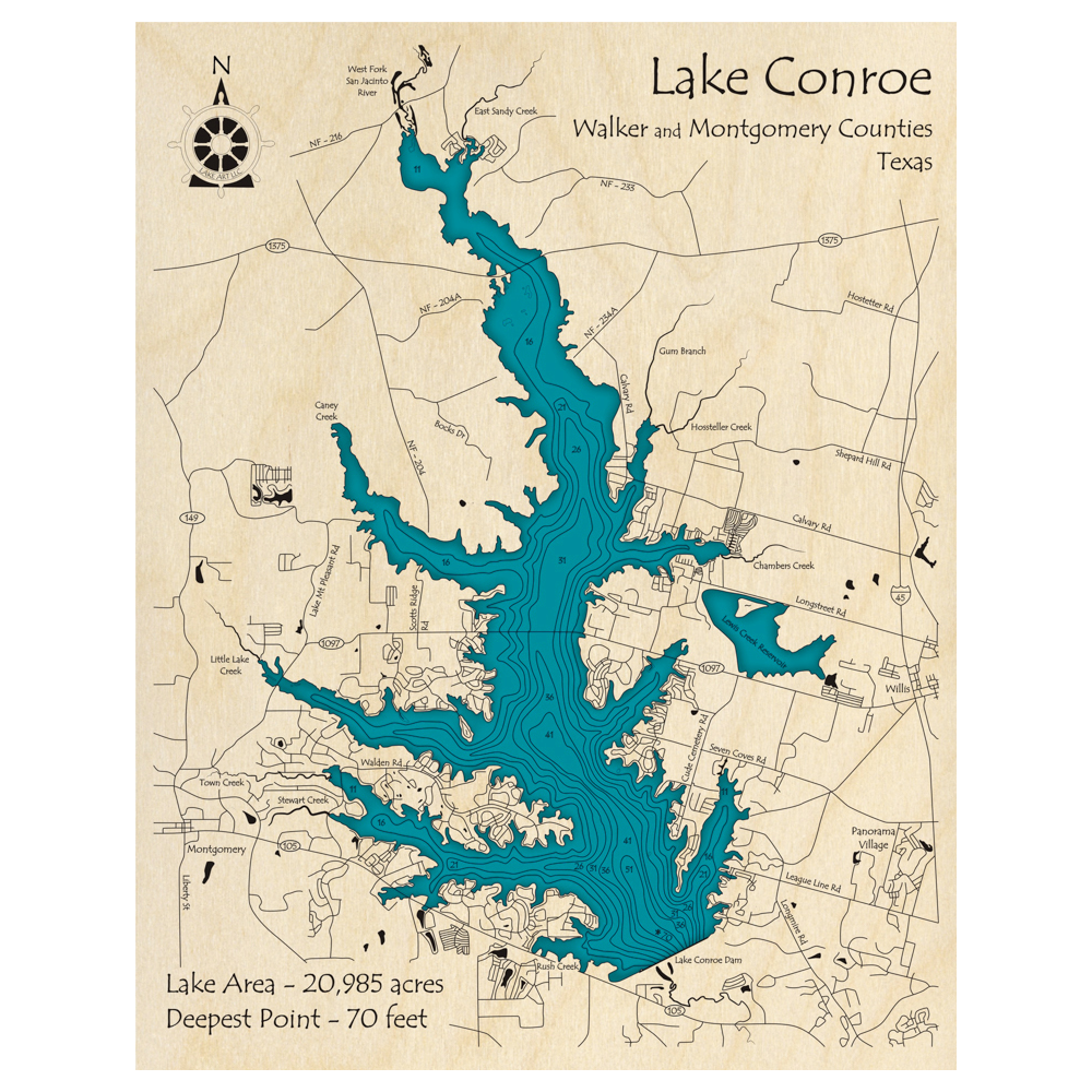 Bathymetric topo map of Lake Conroe, TX with roads, towns and depths noted in blue water.
