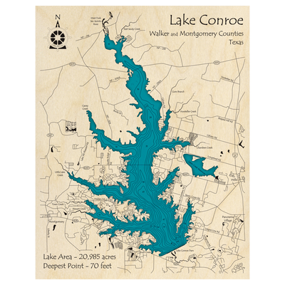 Bathymetric topo map of Lake Conroe, TX with roads, towns and depths noted in blue water.