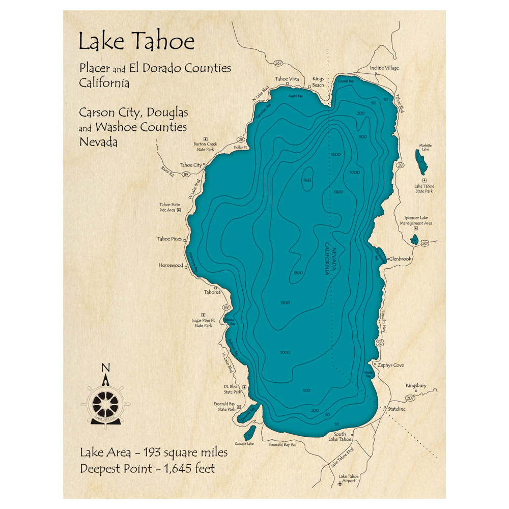 Bathymetric topo map of Lake Tahoe (CA, NV) with roads, towns and depths noted in blue water.