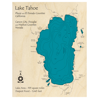 Bathymetric topo map of Lake Tahoe (CA, NV) with roads, towns and depths noted in blue water.