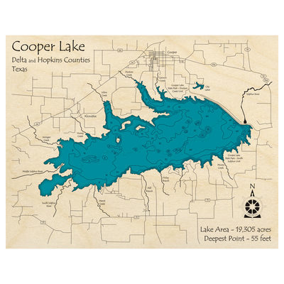 Bathymetric topo map of Cooper Lake, TX with roads, towns and depths noted in blue water.