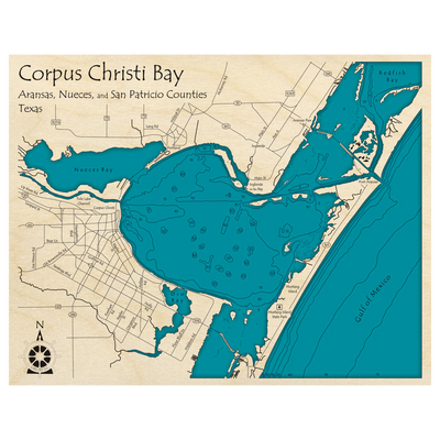 Bathymetric topo map of Corpus Christi Bay, TX with roads, towns and depths noted in blue water.