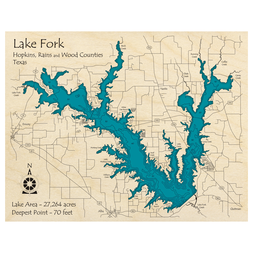 Bathymetric topo map of Lake Fork, TX with roads, towns and depths noted in blue water.