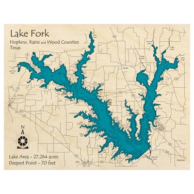 Bathymetric topo map of Lake Fork, TX with roads, towns and depths noted in blue water.