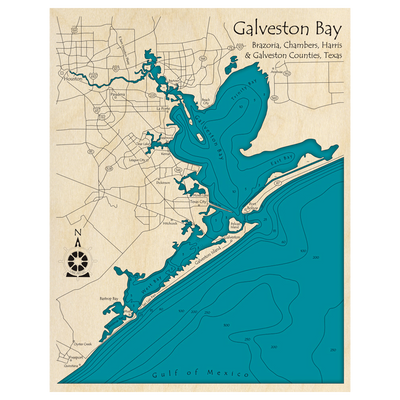 Bathymetric topo map of Galveston Bay, TX with roads, towns and depths noted in blue water.