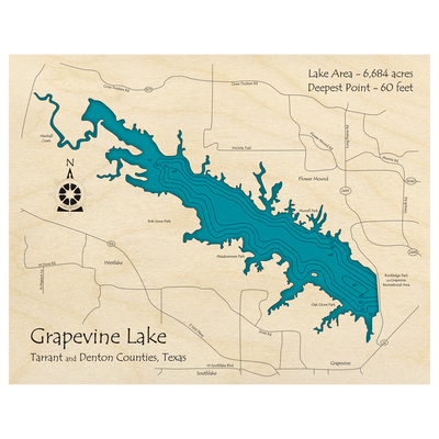 Bathymetric topo map of Grapevine Lake, TX with roads, towns and depths noted in blue water.