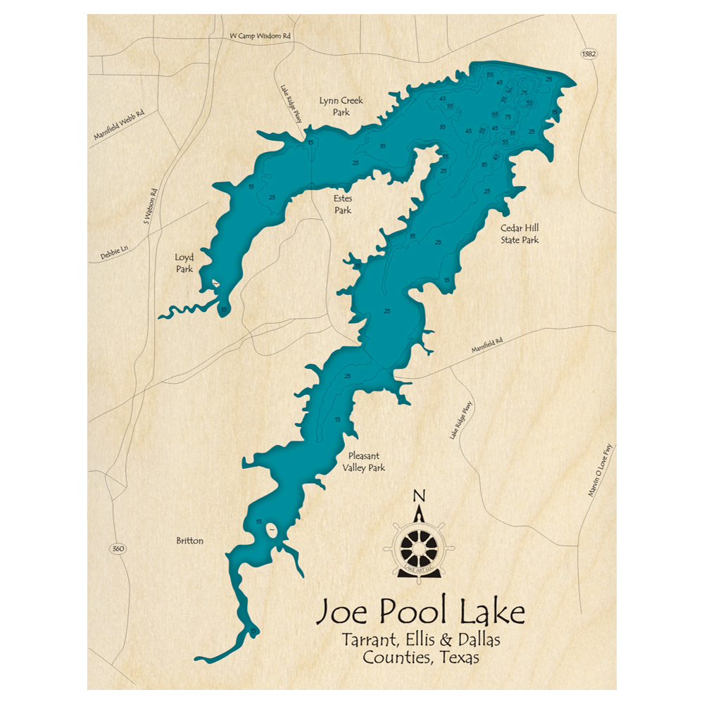 Bathymetric topo map of Joe Pool Lake, TX with roads, towns and depths noted in blue water.