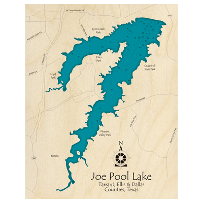 Bathymetric topo map of Joe Pool Lake, TX with roads, towns and depths noted in blue water.