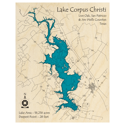 Bathymetric topo map of Lake Corpus Christi, TX with roads, towns and depths noted in blue water.