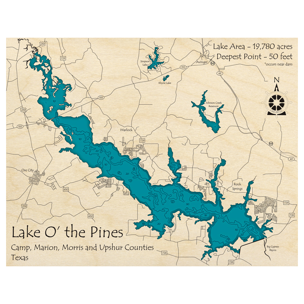 Bathymetric topo map of Lake O the Pines, TX with roads, towns and depths noted in blue water.