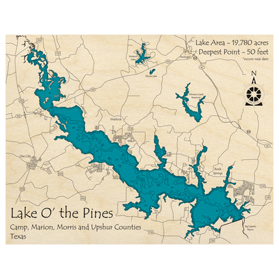 Bathymetric topo map of Lake O the Pines, TX with roads, towns and depths noted in blue water.