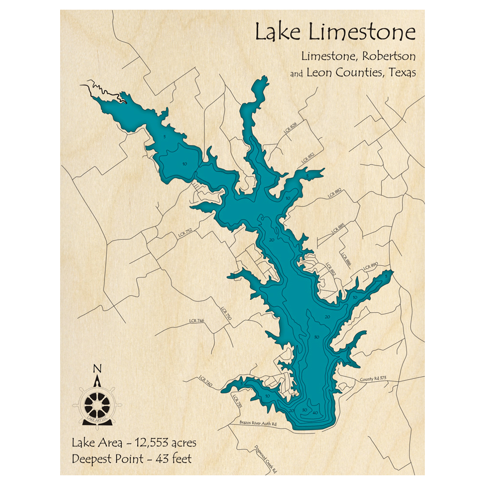 Bathymetric topo map of Lake Limestone, TX with roads, towns and depths noted in blue water.