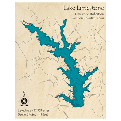 Bathymetric topo map of Lake Limestone, TX with roads, towns and depths noted in blue water.