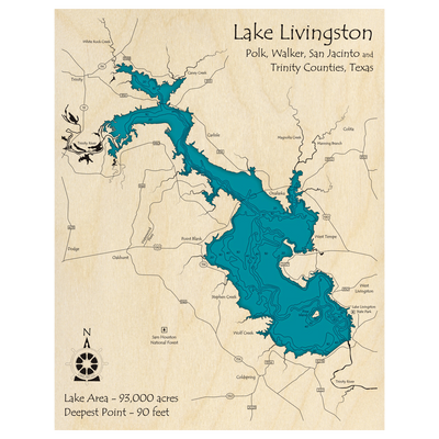 Bathymetric topo map of Lake Livingston, TX with roads, towns and depths noted in blue water.