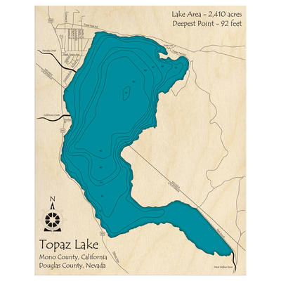 Bathymetric topo map of Lake Topaz (CA, NV) with roads, towns and depths noted in blue water.