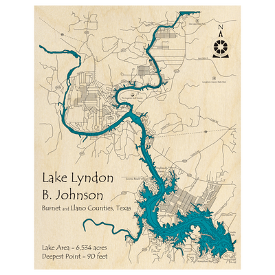 Bathymetric topo map of Lake Lyndon B Johnson, TX with roads, towns and depths noted in blue water.
