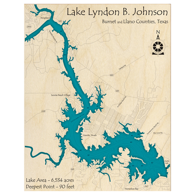 Bathymetric topo map of Lake Lyndon B Johnson, TX with roads, towns and depths noted in blue water.
