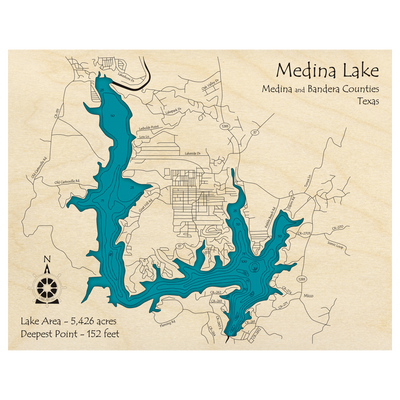 Bathymetric topo map of Medina Lake, TX with roads, towns and depths noted in blue water.