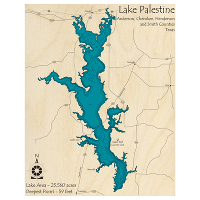 Bathymetric topo map of Lake Palestine, TX with roads, towns and depths noted in blue water.