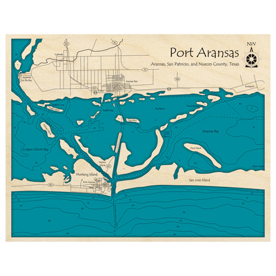 Bathymetric topo map of Port Aransas, TX with roads, towns and depths noted in blue water.