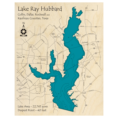 Bathymetric topo map of Lake Ray Hubbard, TX with roads, towns and depths noted in blue water.