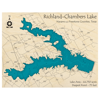 Bathymetric topo map of Richland-Chambers Lake, TX with roads, towns and depths noted in blue water.