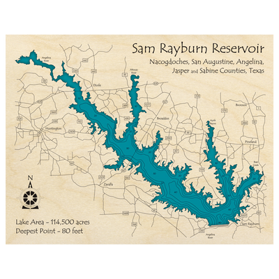 Bathymetric topo map of Sam Rayburn Reservoir, TX with roads, towns and depths noted in blue water.