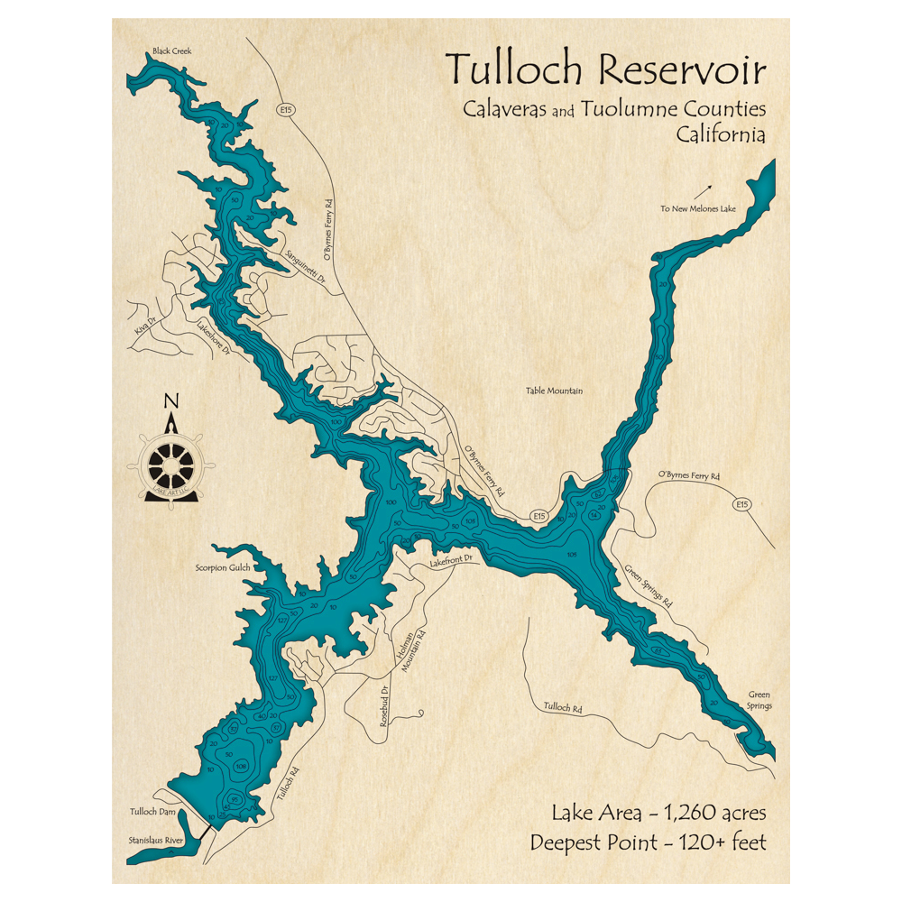 Bathymetric topo map of Tulloch Reservoir, CA with roads, towns and depths noted in blue water.